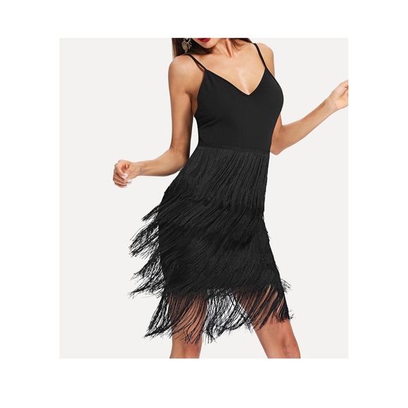 Black Sleeveless Bodycon Tiered Fringes Cami Dress - Picture 2 of 5
